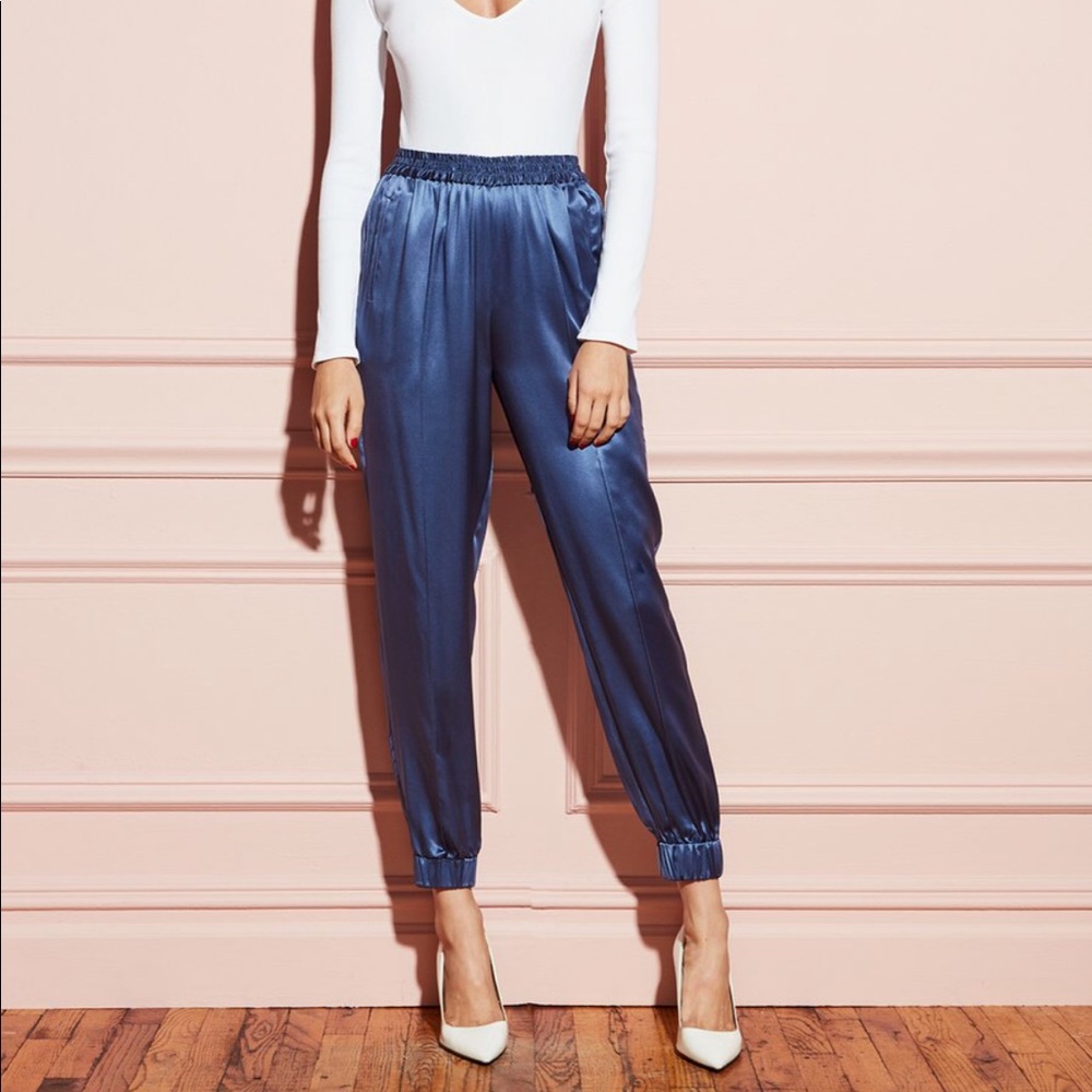 Fleur du Mail blue silk jogger pants NWOT